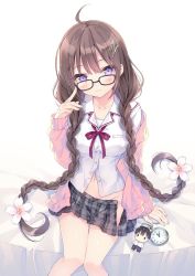 Rule 34 | 1girl, ahoge, black-framed eyewear, black skirt, blush, braid, breasts, brown hair, buttons, cardigan, character doll, closed mouth, collarbone, collared shirt, flower, glasses, groin, hair flower, hair ornament, hair over shoulder, hand up, head tilt, large breasts, long hair, long sleeves, looking at viewer, looking over eyewear, low twintails, miniskirt, navel, neck ribbon, no panties, open cardigan, open clothes, original, partially unbuttoned, pink cardigan, plaid, plaid skirt, pleated skirt, pocket watch, purple eyes, red ribbon, ribbon, rurudo, school uniform, shirt, sidelocks, sitting, skirt, sleeves past wrists, smile, solo, twin braids, twintails, very long hair, watch, white background, white flower, white shirt