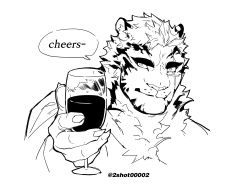 Rule 34 | 1boy, animal ears, arknights, arm up, cup, cupping glass, drinking glass, english text, fingernails, furry, furry male, greyscale, highres, holding, holding cup, male focus, monochrome, mountain (arknights), scar, scar across eye, scar on face, sharp fingernails, short hair, sigppang (2shot00002), smile, solo, thick eyebrows, tiger boy, tiger ears, upper body, wine glass