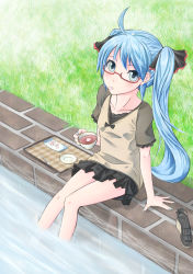 Rule 34 | 1girl, absurdres, ahoge, arm support, bad id, bad pixiv id, bespectacled, blue eyes, blue hair, cherry blossoms, cup, glasses, grass, hatsune miku, highres, long hair, looking at viewer, matching hair/eyes, mouth hold, nekobaka, petals, red-framed eyewear, semi-rimless eyewear, shoes, unworn shoes, sitting, skirt, soaking feet, solo, tea, teacup, twintails, under-rim eyewear, vocaloid, water