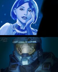 Rule 34 | 1boy, 1girl, armor, blade runner 2049, commentary, cortana, english commentary, goslingposting (meme), halo (series), hand on own cheek, hand on own face, highres, hologram, master chief, outdoors, power armor, scene reference, short hair, spartan (halo), texd41