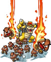 Rule 34 | 1boy, absurdres, bowser, bracelet, collar, fire, goomba, highres, jewelry, mario &amp; luigi: bowser&#039;s inside story, mario &amp; luigi rpg, mario &amp; luigi rpg (style), mario (series), nintendo, official art, open mouth, pointing, red hair, sharp teeth, spiked bracelet, spiked collar, spiked shell, spikes, teeth, transparent background