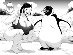 Rule 34 | 1girl, bare legs, barefoot, bird, black one-piece swimsuit, blush, braid, braided ponytail, breasts, cleavage, cloud, collarbone, english text, greyscale, hand up, harorlood, huge breasts, marina (harorlood), monochrome, one-piece swimsuit, open mouth, original, penguin, shadow, smile, solo, speech bubble, squatting, swimsuit, tree, v