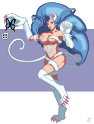 Rule 34 | 1girl, animal ears, animal hands, bare shoulders, blue hair, breasts, bug, butterfly, cat ears, cat tail, felicia (vampire), insect, kuprite, large breasts, long hair, tail, underboob, vampire (game), very long hair