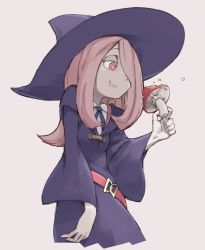 Rule 34 | 10s, 1girl, belt, hair over one eye, hat, holding, holding mushroom, little witch academia, mochi (mochi444420), mushroom, pale skin, pink eyes, pink hair, simple background, smirk, solo, sucy manbavaran, upper body, wide sleeves, witch hat