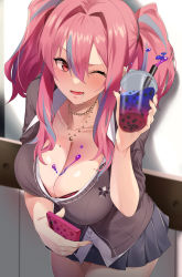 Rule 34 | 1girl, absurdres, azur lane, blush, breasts, bremerton (azur lane), brown sweater, bubble tea, cellphone, cleavage, collarbone, grey skirt, highres, hotate-chan, large breasts, long hair, long sleeves, looking at viewer, mole, mole on breast, mole under eye, multicolored hair, one eye closed, open mouth, phone, pink eyes, pink hair, sidelocks, skirt, smile, streaked hair, sweater, twintails