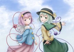 Rule 34 | 2girls, aqua hair, black headwear, blouse, blue shirt, blue sky, blush, cloud, commentary request, cowboy shot, day, frilled sleeves, frills, from side, green eyes, green skirt, hairband, hat, heart, heart of string, highres, komeiji koishi, komeiji satori, lavender skirt, light purple hair, looking at viewer, looking back, multiple girls, open mouth, outdoors, outstretched arms, purple eyes, shirt, short hair, siblings, sisters, skirt, sky, sleeves past fingers, sleeves past wrists, smile, spread arms, standing, third eye, touhou, utanokatati, yellow shirt