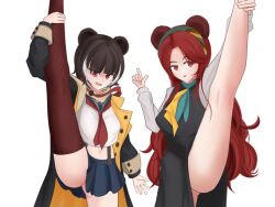 Rule 34 | 2girls, animal ears, arknights, bear ears, brown hair, leg lift, leto (arknights), mother and daughter, multiple girls, red eyes, red hair, red thighhighs, thighhighs, thighs