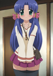 Rule 34 | 1girl, aoba kozue, bag, bell, black thighhighs, blue hair, closed mouth, collarbone, facing viewer, green eyes, hair bell, hair ornament, highres, indoors, long hair, long sleeve shirt, long sleeves, looking at viewer, mahoraba, shoulder bag, skirt, smile, solo, standing, stitched, thighhighs, third-party edit