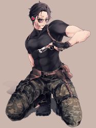 Rule 34 | 1boy, abs, absurdres, belt, black hair, black shirt, boots, covered abs, fingerless gloves, full body, glasses, gloves, gun, highres, large pectorals, looking at viewer, male focus, military, military uniform, muscular, muscular male, original, pectorals, red eyes, shadow, shirt, short hair, short sleeves, simple background, solo, squatting, tight clothes, tight shirt, uniform, weapon, zabeo0125