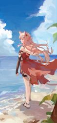 1girl animal_ears arknights beach black_footwear black_gloves blue_sky cloud cloudy_sky elbow_gloves fingerless_gloves floating_hair from_behind full_body gloves hair_ornament high-waist_skirt highres long_hair looking_to_the_side milbi outdoors pink_eyes pink_hair pozyomka_(arknights) red_skirt sand sandals skirt sky solo standing very_long_hair water wolf_ears wolf_girl