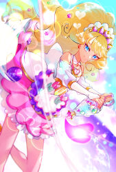 Rule 34 | 1girl, back bow, big hair, blonde hair, blue eyes, blunt bangs, bow, bridal gauntlets, brooch, candy, candy hair ornament, closed mouth, clothing cutout, commentary, creamy fleuret, cure finale, delicious party precure, dress, dutch angle, earrings, food, food-themed hair ornament, hair ornament, heart, heart brooch, highres, holding, holding wand, jewelry, kasai amane, konpeitou, large bow, light particles, long hair, long sleeves, looking at viewer, magical girl, medium dress, multicolored clothes, multicolored dress, precure, purple headwear, shoulder cutout, smile, solo, sparkle, standing, tiara, ton (ton39342104), wand, white bow, white dress