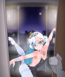Rule 34 | 1girl, 1other, animal ears, armpits, ass, ballet slippers, bare shoulders, blue eyes, blue hair, blue pantyhose, breasts, doorway, double bun, fins, fish tail, frills, gawr gura, gills, hair bun, highres, hololive, hololive english, jewelry, leg up, looking at viewer, moral cacoethes, necklace, night, open door, outstretched arms, pantyhose, pov doorway, small breasts, smile, tail, tiara, virtual youtuber, white hair