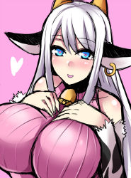 Rule 34 | 1girl, animal ears, animal print, bare shoulders, bell, blue eyes, blush, breast suppress, breasts, collar, cow ears, cow girl, cow print, detached sleeves, female focus, heart, heart-shaped pupils, horns, huge breasts, impossible clothes, impossible sweater, long hair, mirumi-san (megane man), nishida megane, original, ribbed sweater, simple background, solo, sweater, symbol-shaped pupils, upper body, white hair