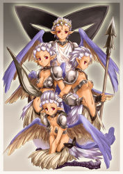 Rule 34 | 4girls, akiyama nenehisa, armor, bikini armor, bow, buckle, claws, collar, fantasy earth zero, feather hair, feathered wings, feathers, fingerless gloves, gauntlets, gloves, harpy, mask, monster girl, multiple girls, pointy ears, polearm, red eyes, see-through, shoulder pads, spear, tail, talons, tiara, unworn mask, weapon, white hair, wings
