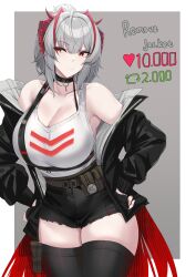 Rule 34 | 1girl, :/, absurdres, antenna hair, arknights, bare shoulders, black choker, black jacket, black shorts, black thighhighs, blush, border, breasts, choker, cleavage, closed mouth, collarbone, commentary, english commentary, grey background, grey hair, highres, horns, jacket, kanta (kanta 077), large breasts, medium hair, meme, off shoulder, open clothes, open jacket, orange eyes, outside border, ponytail, revision, shirt, shirt tucked in, short shorts, shorts, sidelocks, simple background, thick thighs, thighhighs, thighs, twitter strip game (meme), w (arknights), white border, white shirt