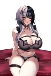 Rule 34 | 1girl, alternate costume, bare shoulders, black bra, black hair, black nails, black panties, bra, breasts, choker, commentary request, hair ornament, highres, hololive, hololive english, large breasts, lingerie, multicolored hair, nail polish, navel, panties, shiori novella, simple background, sitting, smile, solo, stomach, streaked hair, thigh strap, twitter username, underwear, virtual youtuber, white background, white hair, xynian arts, yellow eyes