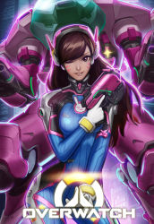 Rule 34 | 1girl, animal print, backlighting, bodysuit, bracer, breasts, brown eyes, brown hair, building, charm (object), city, clothes writing, contrapposto, copyright name, cowboy shot, d.va (overwatch), facepaint, facial mark, gloves, gun, handgun, headphones, high collar, highres, holding, holding gun, holding weapon, logo, long hair, looking at viewer, mecha, medium breasts, meka (overwatch), one eye closed, outdoors, overwatch, overwatch 1, parted lips, pilot suit, pink lips, pistol, rabbit print, ribbed bodysuit, robot, shoulder pads, skin tight, skyscraper, smile, solo, standing, swept bangs, tanbyeong cheog, trigger discipline, weapon, whisker markings, white gloves
