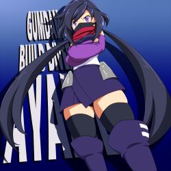 Rule 34 | 1girl, ayame (gundam build divers), black hair, black thighhighs, boots, breasts, character name, commentary, copyright name, elbow gloves, english text, fingerless gloves, fujisawa aya (gundam build divers), gloves, gundam, gundam build divers, half mask, hip armor, japanese clothes, kimono, kunney, long hair, looking down, mask, mouth mask, ninja, ninja mask, purple eyes, red scarf, scarf, short kimono, sidelocks, skindentation, sleeveless, solo, split ponytail, thigh boots, thighhighs, thighhighs under boots, typo, very long hair