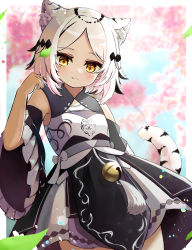 Rule 34 | 1girl, animal ear fluff, animal ears, armpits, bell, black dress, blue sky, blush, cherry blossoms, closed mouth, commission, cowboy shot, day, detached sleeves, dress, fang, fang out, frilled sleeves, frills, hair ornament, hand up, highres, jingle bell, leaning back, looking at viewer, medium hair, moepu., original, outdoors, short dress, skeb commission, sky, solo, standing, tail, tail raised, thighs, tiger ears, tiger girl, tiger tail, white dress, white hair, wide sleeves, yellow eyes