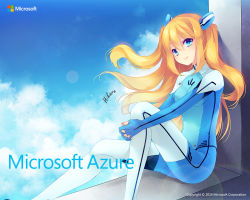 Rule 34 | 1girl, against wall, aizawa hikaru, blonde hair, blue eyes, bodysuit, cloud, company name, dated, day, fingerless gloves, floating hair, from side, gloves, hair between eyes, hair ornament, head tilt, hugging own legs, interlocked fingers, knee up, leg hold, lens flare, light smile, logo, long hair, looking at viewer, microsoft, os-tan, outdoors, own hands clasped, own hands together, sidelocks, signature, sitting, sky, smile, solo, turtleneck, very long hair