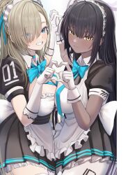 Rule 34 | 2girls, absurdres, apron, aqua bow, aqua bowtie, asuna (blue archive), black dress, black hair, blue archive, blush, bow, bowtie, breasts, cafenami, dress, frilled apron, frills, gloves, hair over one eye, halo, heart, heart hands, heart hands duo, highres, holding hands, interlocked fingers, karin (blue archive), large breasts, light brown hair, looking at viewer, looking to the side, maid, maid headdress, multiple girls, number print, pantyhose, pleated dress, puffy short sleeves, puffy sleeves, short sleeves, simple background, smile, thighhighs, white apron, white background, white gloves, white pantyhose, white thighhighs