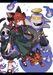 Rule 34 | animal ears, black bow, black footwear, black ribbon, blue fire, bow, braid, cat ears, cat tail, commentary, creatures (company), crossover, dress, dusknoir, duskull, extra ears, eyebrows hidden by hair, fire, frilled dress, frilled sleeves, frills, game freak, gen 3 pokemon, gen 4 pokemon, gen 7 pokemon, green dress, hair bow, highres, hitodama, juliet sleeves, kaenbyou rin, leg ribbon, letterboxed, long hair, long sleeves, looking at another, mary janes, multiple tails, nekomata, nintendo, outstretched arm, poke ball, poke ball symbol, pokemon, pokemon (creature), puffy sleeves, red eyes, red hair, red neckwear, ribbon, shoes, sleeve ribbon, standing, tabun (osoracu), tail, torracat, touhou, trait connection, twin braids, two tails