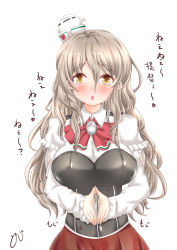 Rule 34 | 1girl, :o, blush, bow, bowtie, breasts, brown eyes, collared shirt, corset, cowboy shot, drunk, fingers together, grey hair, hair between eyes, hat, heart, highres, kantai collection, large breasts, long sleeves, looking at viewer, mini hat, pola (kancolle), red bow, red bowtie, red skirt, shirt, simple background, skirt, solo, text focus, thick eyebrows, tilted headwear, tokiziku, wavy hair, white background, white shirt