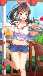 Rule 34 | 1girl, :d, beach, beer mug, bikini, bikini under clothes, blue shorts, blue sky, blurry, blurry background, blush, bow, brown hair, character request, collarbone, cup, day, doukyuusei another world, floating hair, food, game cg, hair between eyes, hair bow, halterneck, high ponytail, holding, holding cup, leg up, long hair, looking at viewer, midriff, mug, navel, ocean, off-shoulder shirt, off shoulder, official art, open mouth, outdoors, red bikini, red bow, red ribbon, ribbon, shaved ice, shirt, short shorts, short sleeves, shorts, side-tie bikini bottom, sky, smile, solo focus, stomach, string bikini, swimsuit, thigh gap, very long hair, white shirt, yellow eyes