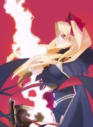 Rule 34 | 1girl, blonde hair, breasts, cloak, ereshkigal (fate), fate/grand order, fate (series), long hair, own hands together, red background, red eyes, simple background, smile, solo, tohsaka rin, yuuki (irodo rhythm)
