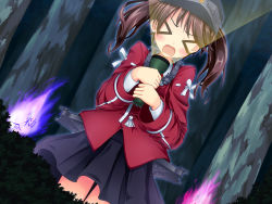 Rule 34 | &gt; &lt;, 10s, 1girl, brown hair, closed eyes, fire, flashlight, kantai collection, light, long hair, open mouth, personification, ryuujou (kancolle), sabune bon, skirt, solo, twintails, visor cap