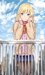 Rule 34 | 1girl, against railing, black pantyhose, blonde hair, blue eyes, blue skirt, blush, brown coat, brown footwear, buttons, cloud, cloudy sky, coat, commentary request, day, head rest, highres, idolmaster, idolmaster cinderella girls, against railing, leg up, long hair, mee 0w0, ohtsuki yui, pantyhose, pink sweater, plaid, plaid scarf, pleated skirt, railing, scarf, shoes, skirt, sky, smile, snow, solo, sweater, winter clothes, winter coat