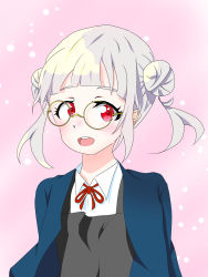 Rule 34 | 1girl, absurdres, arashi chisato, artist name, artist request, blue cardigan, blue jacket, blush, bow, bowtie, breasts, buttons, cardigan, collared shirt, cropped jacket, double bun, dress, dress shirt, female focus, floating hair, glasses, grey shirt, hair bun, hair tie, highres, jacket, long hair, long sleeves, looking at viewer, love live!, love live! superstar!!, neck ribbon, parted lips, pink background, red bow, red eyes, red ribbon, ribbon, school uniform, shirt, small breasts, smile, solo, twintails, upper body, wavy hair, white hair, white shirt, wing collar, yuigaoka school uniform