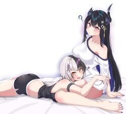 Rule 34 | 2girls, ?, absurdres, alternate costume, armpit crease, ass, asymmetrical horns, bare legs, barefoot, bed sheet, black hair, black horns, black shirt, black shorts, blue hair, breasts, collarbone, colored inner hair, demon horns, dolphin shorts, feet, feet out of frame, grey background, grey hair, hair ornament, highres, hololive, hololive english, horns, jewelry, large breasts, legs, looking at viewer, lying, mmneko, multicolored hair, multiple girls, nail polish, nerissa ravencroft, on bed, on stomach, red eyes, ring, shiori novella, shirt, short shorts, shorts, simple background, single bare shoulder, sitting, split-color hair, spread toes, thighs, toenail polish, toenails, toes, two-tone hair, virtual youtuber, white background, white shirt, yellow eyes