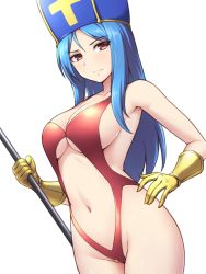Rule 34 | 1girl, bare arms, bare hips, bare shoulders, blue hair, blue headwear, blush, breasts, casual one-piece swimsuit, center opening, cleavage, closed mouth, commentary request, cowboy shot, dragon quest, dragon quest iii, gauntlets, groin, holding, holding staff, large breasts, long hair, navel, one-piece swimsuit, parted bangs, pataneet, priest (dq3), red eyes, red one-piece swimsuit, simple background, solo, staff, stomach, straight hair, swimsuit, underboob, v-shaped eyebrows, white background
