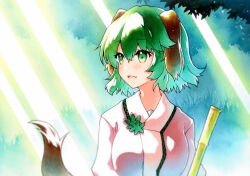 Rule 34 | 1girl, :d, animal ears, commentary request, fang, green eyes, green hair, highres, kasodani kyouko, light rays, long sleeves, looking to the side, medium hair, open mouth, pink shirt, qqqrinkappp, shirt, skin fang, smile, solo, tail, touhou, traditional media, upper body