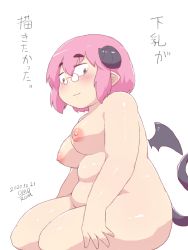 Rule 34 | 1girl, blush, bob cut, breasts, dated, demon girl, demon horns, demon tail, fat rolls, glasses, highres, horns, large breasts, looking at viewer, monster girl, nipples, nude, omo-rom, pince-nez, pink hair, plump, pointy ears, sakurada marie (omo-rom), sanpaku, short hair, sitting, smile, tail, thick eyebrows, thick thighs, thighs, wariza