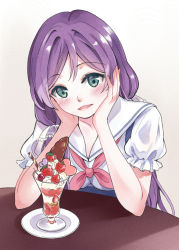Rule 34 | 1girl, artist name, artist request, blush, bow, cup, dress, female focus, green eyes, hair bow, hairband, hand on face, highres, long hair, looking at viewer, love live!, love live! school idol festival, love live! school idol project, neckerchief, petals, purple hair, red neckerchief, sailor dress, smile, solo, strawberry cream filling, table, tojo nozomi, twintails, white bow