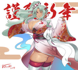 Rule 34 | 1girl, 2017, ass, breasts, cleavage, cowboy shot, daniella (sennen sensou aigis), dark skin, dark-skinned female, dated, green hair, high ponytail, huge breasts, japanese clothes, kimono, long hair, looking at viewer, new year, obui, one eye closed, ponytail, red eyes, sennen sensou aigis, skindentation, smile, solo, thick thighs, thighhighs, thighs, translation request