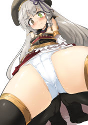 Rule 34 | 1girl, absurdres, black bow, black thighhighs, blush, bow, brown eyes, cameltoe, closed mouth, dress, dutch angle, embarrassed, erune, feet, female focus, from below, granblue fantasy, hair ribbon, heterochromia, highres, long hair, looking down, momio, no shoes, nose blush, panties, pholia, ribbon, simple background, solo, thighhighs, tri braids, underwear, white background, white panties