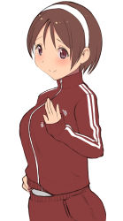 Rule 34 | 1girl, alternate costume, blush, breasts, brown eyes, brown hair, cowboy shot, hairband, highres, kantai collection, large breasts, looking at viewer, masukuza j, natori (kancolle), short hair, simple background, smile, solo, track suit, white background, white hairband