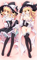 Rule 34 | 1girl, ahoge, alternate costume, black thighhighs, blonde hair, blush, bottomless, bow, breasts, cleavage cutout, cleft of venus, clothes lift, clothes pull, clothing cutout, dakemakura-koubou, dakimakura (medium), dodojune, dress, dress lift, female focus, frilled thighhighs, frills, gathers, hair bow, hat, kirisame marisa, large bow, legs, lying, medium breasts, multiple views, nipples, no panties, no pants, no shoes, on back, open mouth, petticoat, pinky out, pussy, shirt pull, short hair, smile, thigh gap, thighhighs, too many, touhou, uncensored, witch hat, wrist cuffs, yellow eyes