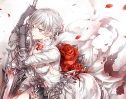 Rule 34 | 1girl, asymmetrical hair, blue eyes, breasts, burnt clothes, doro (sabarudoro), dress, flower, gloves, hair ornament, looking at viewer, petals, rose, silver hair, sinoalice, skirt, snow white (sinoalice), solo, sword, weapon