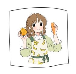Rule 34 | 1girl, absurdres, apron, banana print, blush, brown eyes, brown hair, carrot, character request, collar, collared shirt, food, green shirt, highres, holding, holding food, idolmaster, iwashi iwashimo, long hair, long sleeves, looking away, onion, puffy long sleeves, puffy sleeves, shirt, simple background, smile, solo, white background, white collar