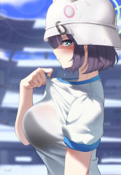 Rule 34 | 1girl, absurdres, blue archive, blurry, blurry background, blush, breasts, collar tug, helm, helmet, highres, large breasts, lens flare, looking at viewer, looking to the side, outdoors, profile, purple hair, saki (blue archive), shirt tug, short hair, short sleeves, solo, sweatdrop, tomid, upper body, white headwear