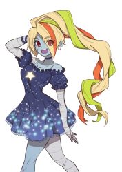 Rule 34 | 1girl, bandages, bandaged arm, bandaged leg, bandages, blonde hair, blue skin, choker, collarbone, colored skin, constellation, dress, earrings, feet out of frame, hand on own head, highres, jewelry, long hair, looking at viewer, multicolored hair, nikaidou saki, open mouth, orange hair, ponytail, red eyes, short dress, simple background, smile, somasoutaro, star (sky), star (symbol), stitches, teeth, very long hair, walking, white background, zombie land saga