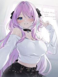 Rule 34 | 1girl, absurdres, bare shoulders, black choker, black ribbon, black skirt, blue eyes, blush, bra strap, breasts, choker, collarbone, commentary request, commission, grin, hair over one eye, hair ribbon, hand up, highres, indie virtual youtuber, large breasts, long hair, long sleeves, looking at viewer, mole, mole on breast, mole under mouth, navel, off-shoulder shirt, off shoulder, parted lips, pink hair, ribbon, second-party source, shirt, sidelocks, skirt, smile, solo, takeko spla, translation request, v, very long hair, virtual youtuber, white shirt