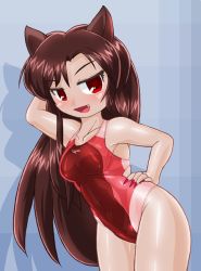 Rule 34 | 1girl, animal ears, arm behind head, brown hair, competition swimsuit, cowboy shot, fang, fingernails, hand on own hip, highleg, highleg swimsuit, imaizumi kagerou, long fingernails, long hair, looking at viewer, one-piece swimsuit, open mouth, red eyes, red one-piece swimsuit, solo, swimsuit, touhou, winn, wolf ears
