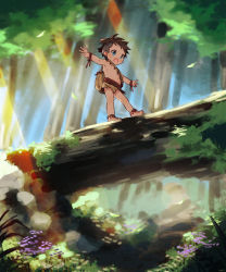 Rule 34 | 1boy, bag, balancing, barefoot, blue eyes, child, flower, forest, highres, light rays, log, male focus, nature, nemui (nemuriyagi), open mouth, original, outdoors, outstretched arms, shoulder bag, solo, spread arms, tan, tree, tribal, undercut