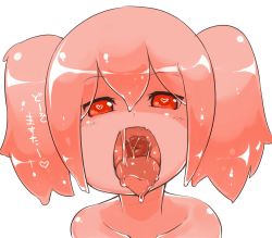 Rule 34 | 1girl, fukurou (owl222), heart, heart-shaped pupils, long hair, monster girl, nude, open mouth, original, pink theme, red eyes, saliva, short twintails, simple background, slime girl, solo, symbol-shaped pupils, tongue, translated, twintails, white background