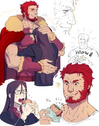 Rule 34 | 2boys, bara, beard, between pecs, between pectorals, black hair, black jacket, burger, cape, closed eyes, couple, eating, face to pecs, facial hair, fate (series), food, food on face, fur-trimmed cape, fur trim, glasses, head between pecs, highres, holding, holding food, hug, iskandar (fate), jacket, jeje (pixiv12541114), large pectorals, long hair, lord el-melloi ii, lord el-melloi ii case files, male focus, multiple boys, muscular, muscular male, necktie, open mouth, pectorals, red cape, red hair, red shirt, shirt, short hair, smile, waver velvet, white shirt, yaoi